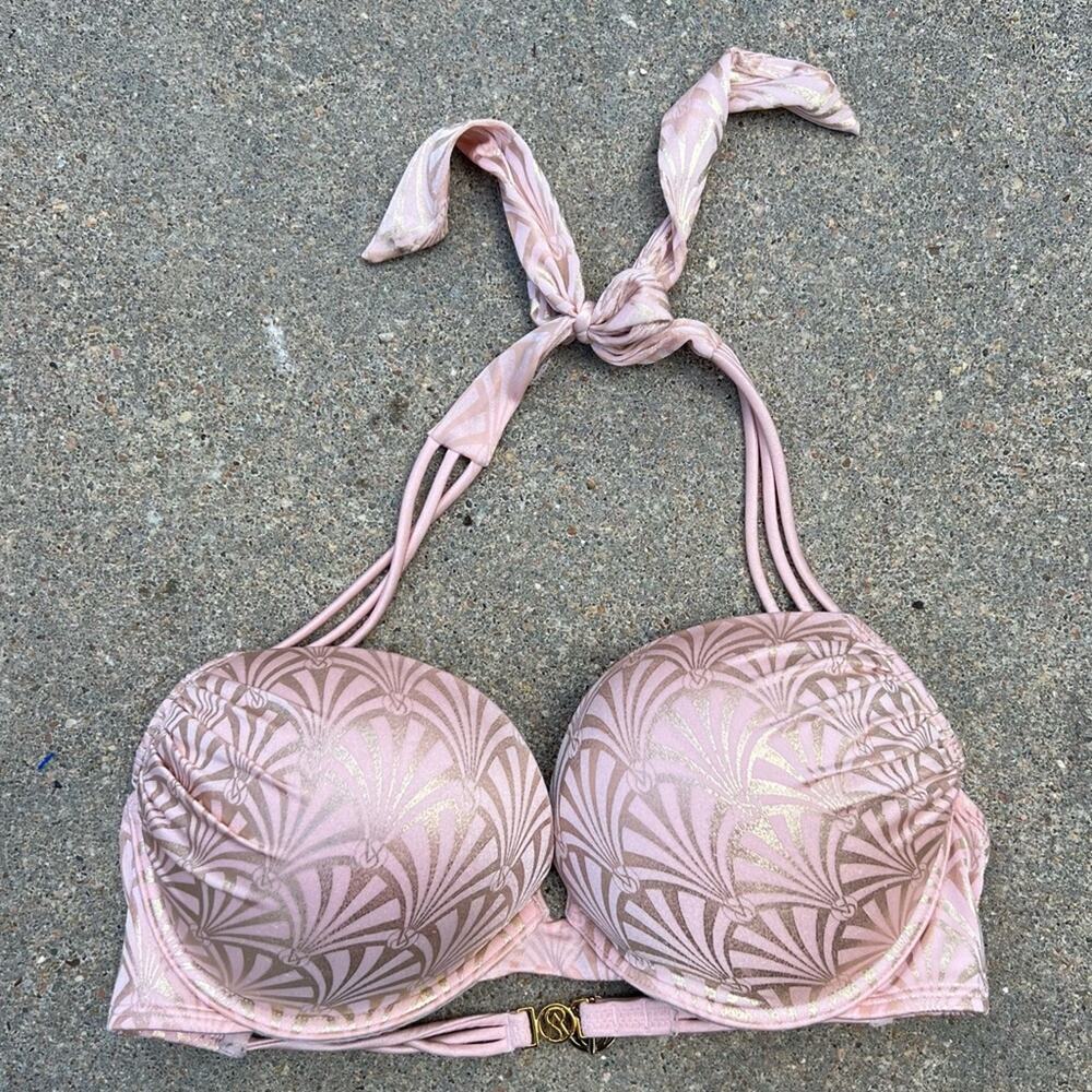 Victoria’s Secret 36C Bombshell Pink Peach Gold Shell Foil Bikini Top
